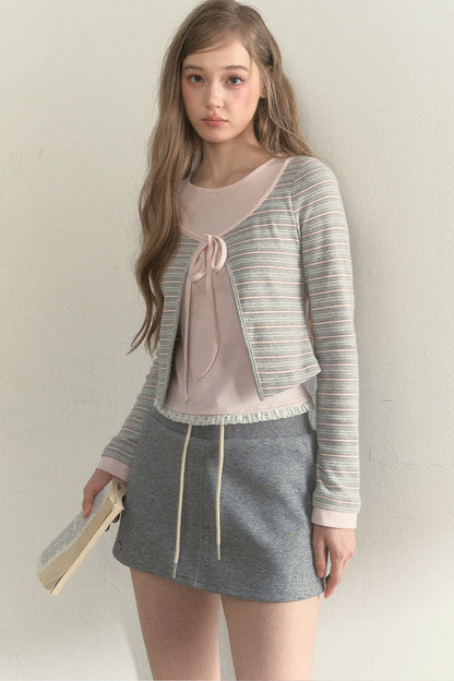 Layered-Look Floral Striped T-shirt
