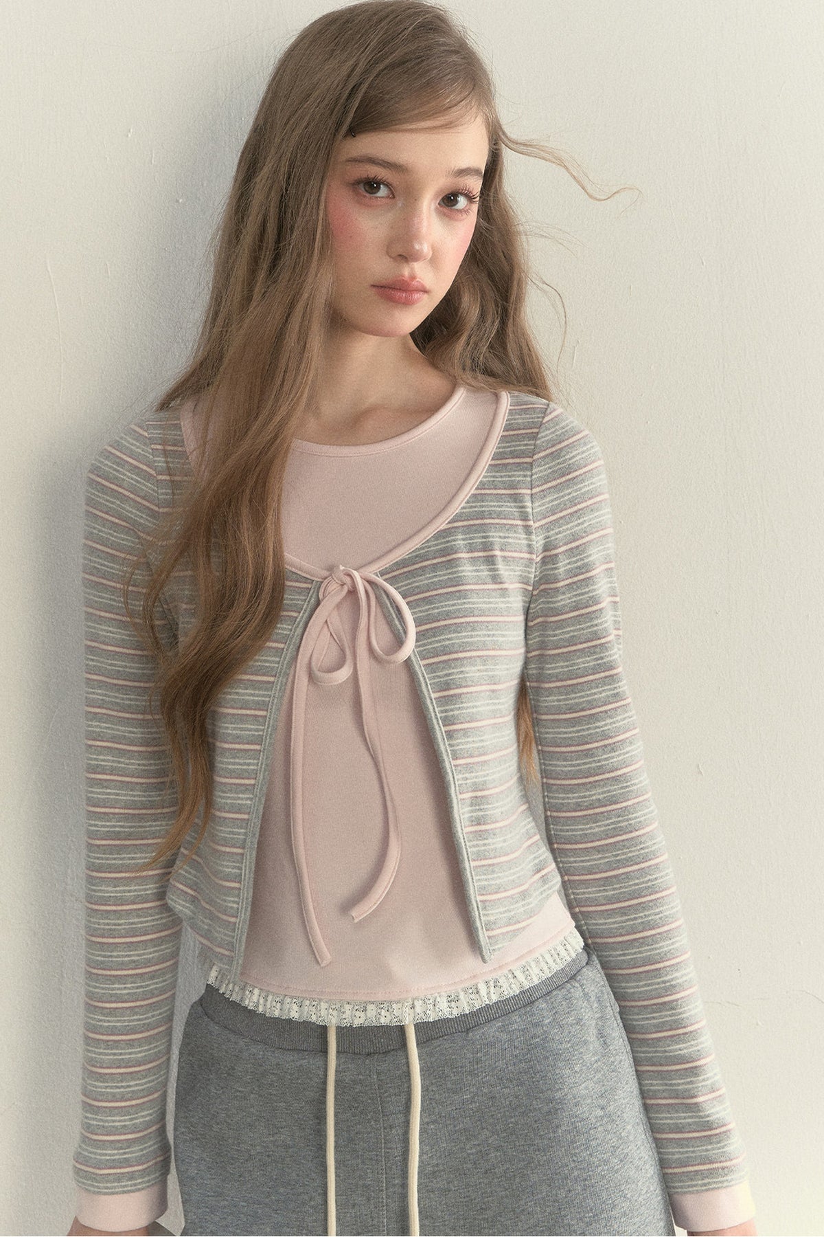 Layered-Look Floral Striped T-shirt