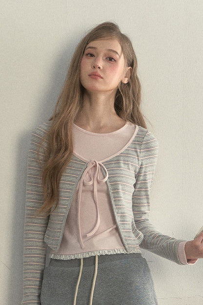Layered-Look Floral Striped T-shirt