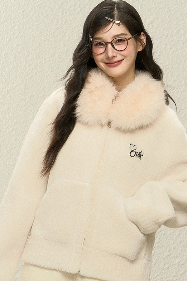Warm Fur Collar Cardigan and Pants Set-Up