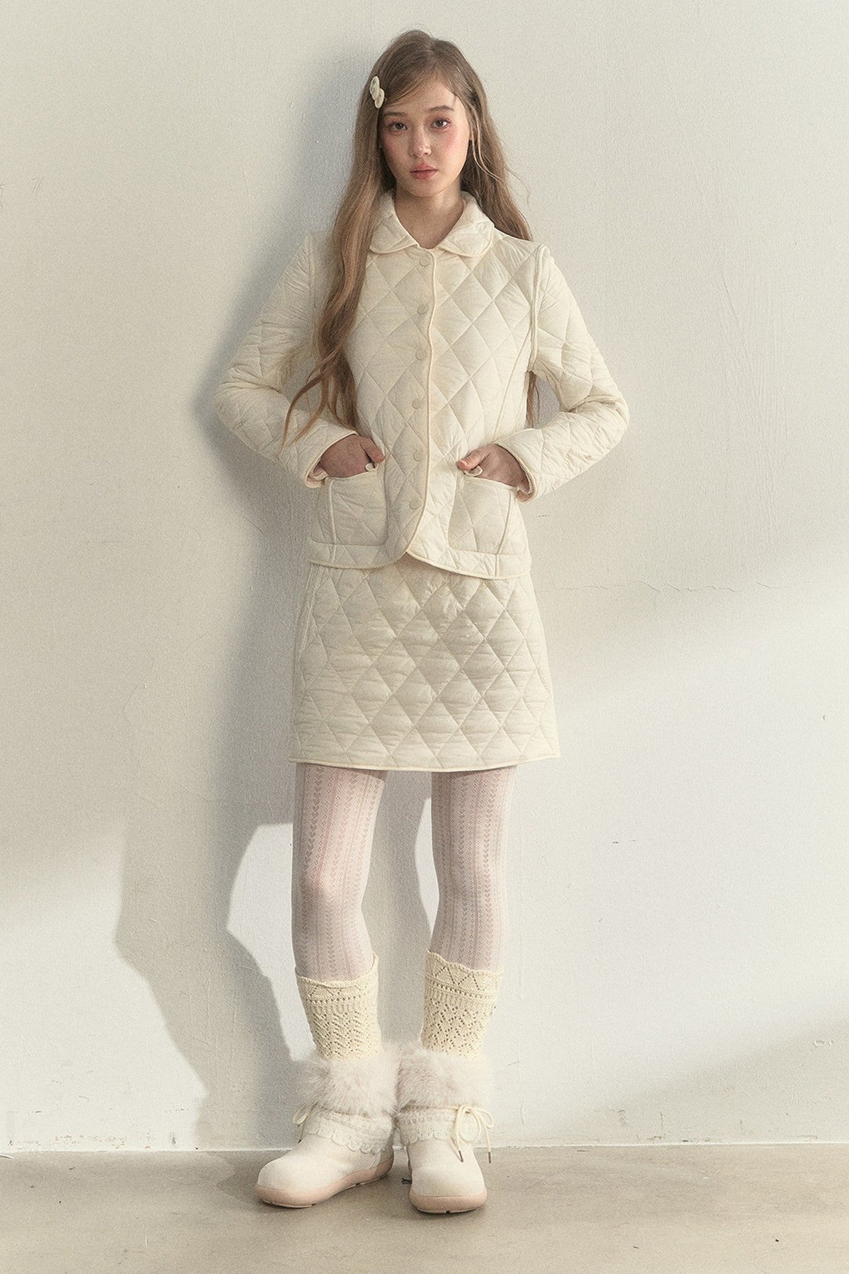 Cream Quilted Doll Collar Top and Skirt Set-Up
