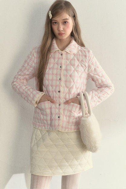Cream Quilted Doll Collar Top and Skirt Set-Up