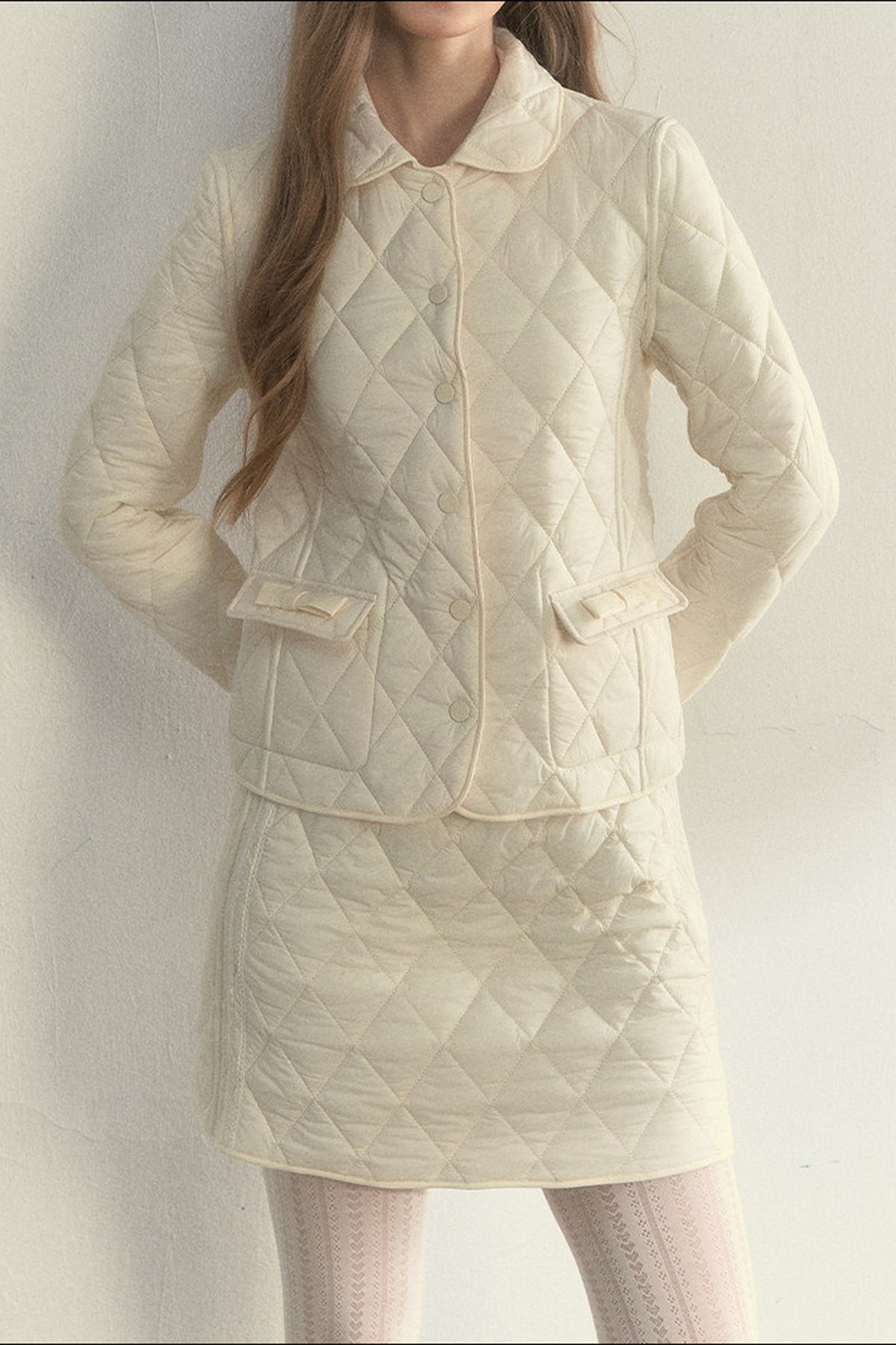 Cream Quilted Doll Collar Top and Skirt Set-Up