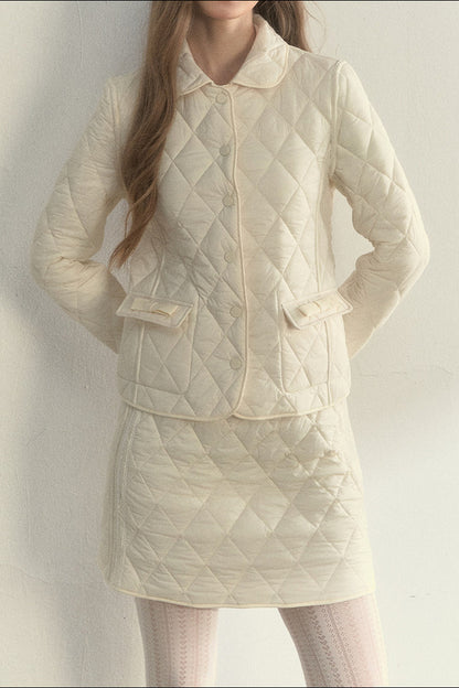 Cream Quilted Doll Collar Top and Skirt Set-Up