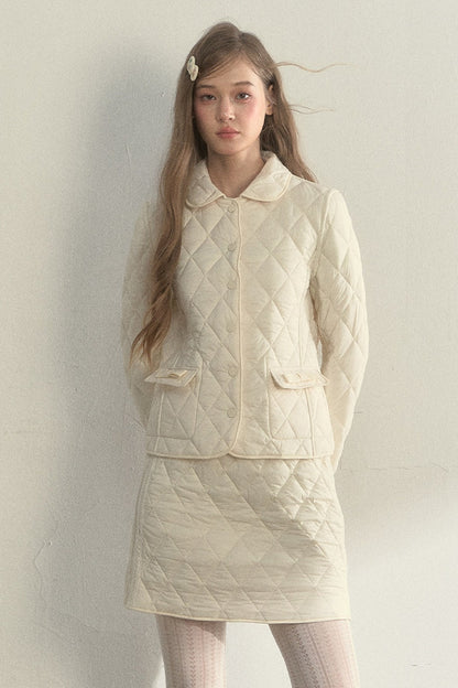 Cream Quilted Doll Collar Top and Skirt Set-Up
