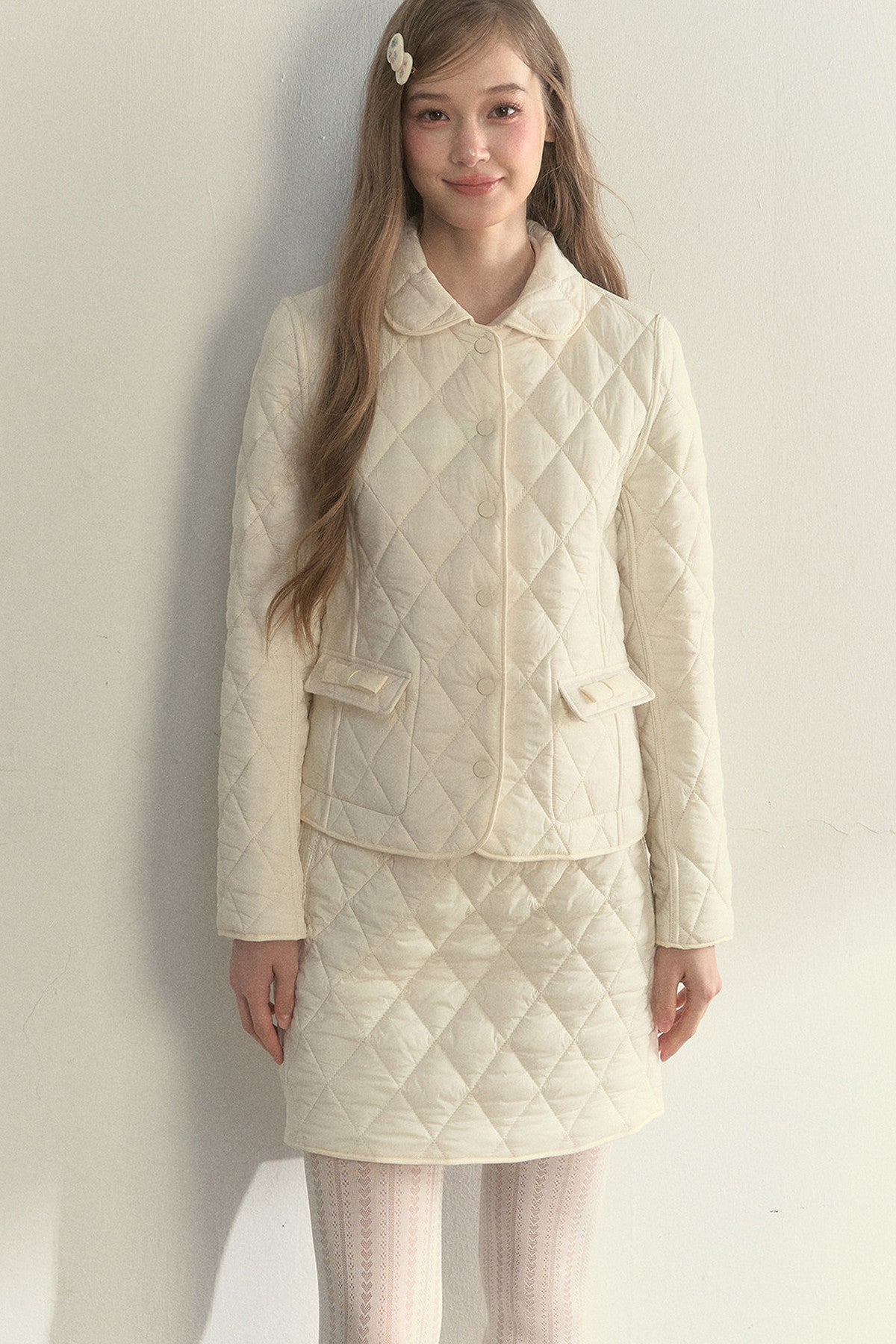 Cream Quilted Doll Collar Top and Skirt Set-Up