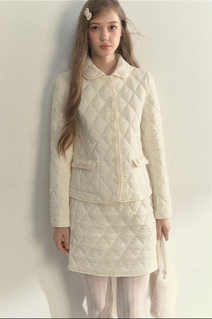 Cream Quilted Doll Collar Top and Skirt Set-Up