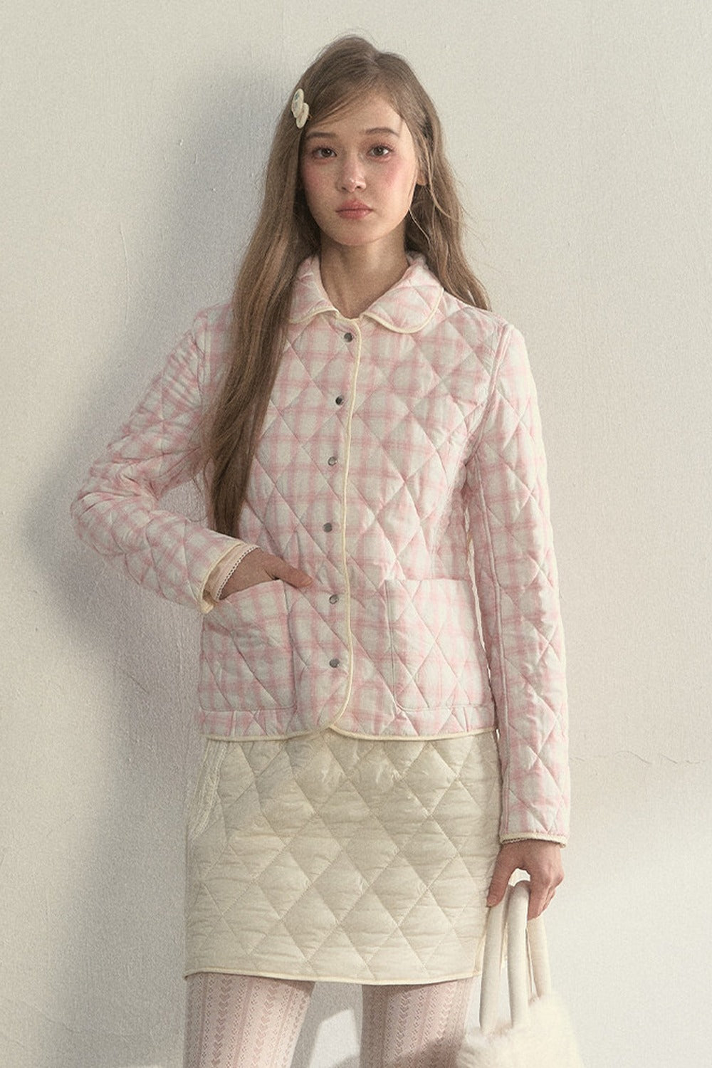 Cream Quilted Doll Collar Top and Skirt Set-Up