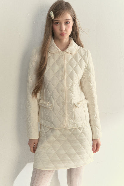 Cream Quilted Doll Collar Top and Skirt Set-Up