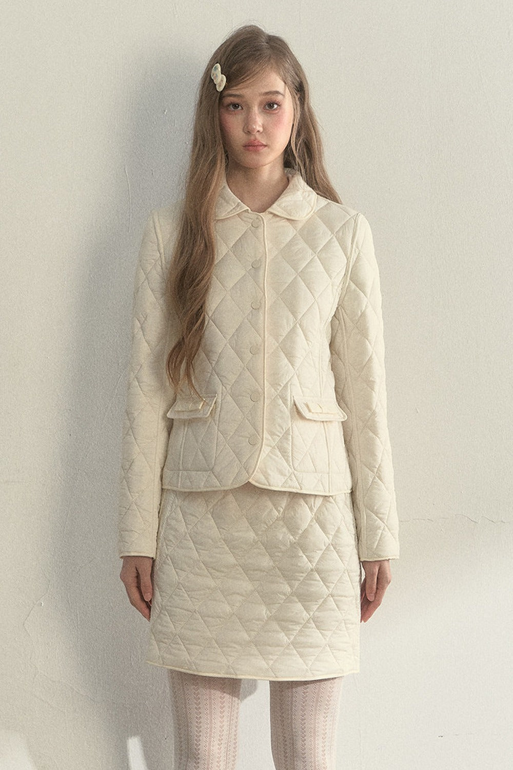 Cream Quilted Doll Collar Top and Skirt Set-Up