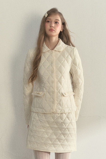 Cream Quilted Doll Collar Top and Skirt Set-Up
