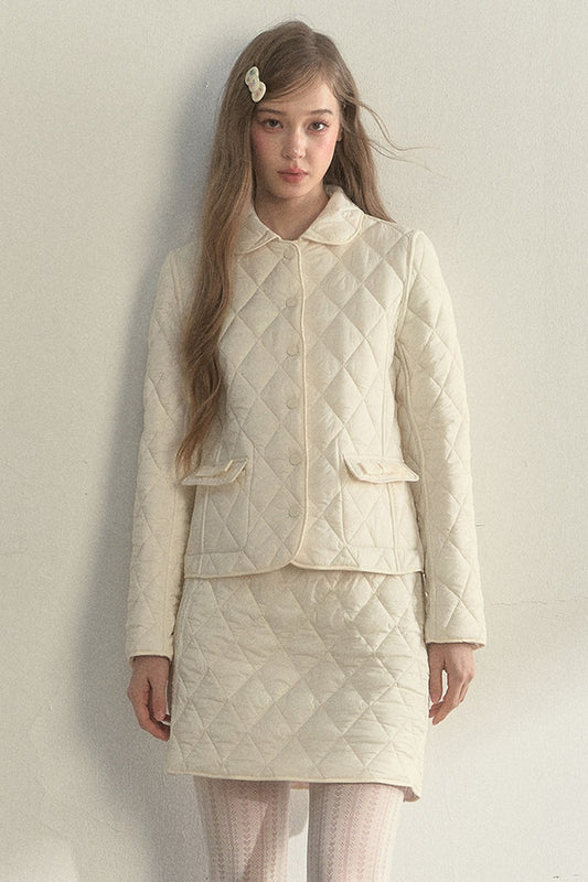 Cream Quilted Doll Collar Top and Skirt Set-Up
