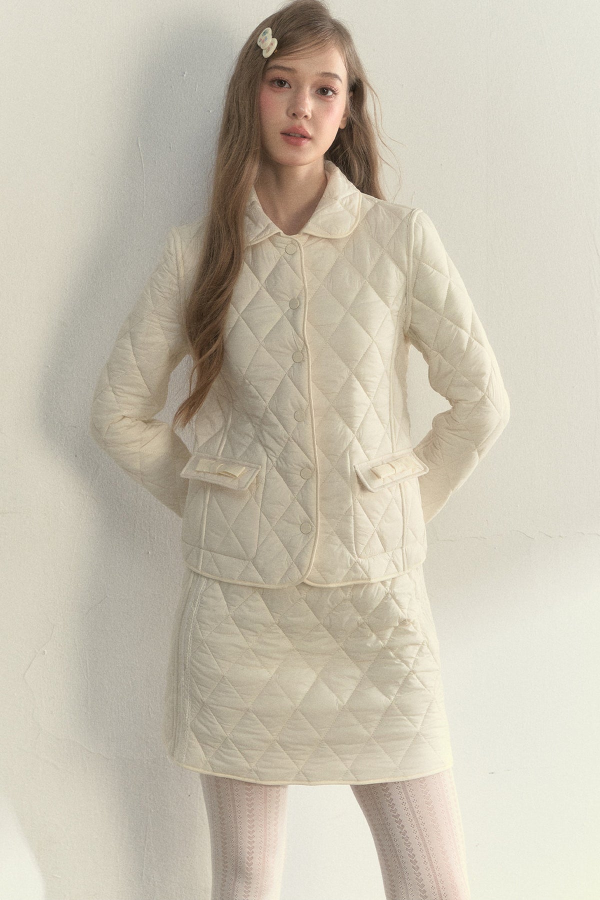 Cream Quilted Doll Collar Top and Skirt Set-Up