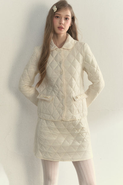 Cream Quilted Doll Collar Top and Skirt Set-Up