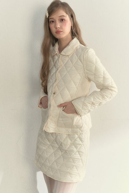 Cream Quilted Doll Collar Top and Skirt Set-Up