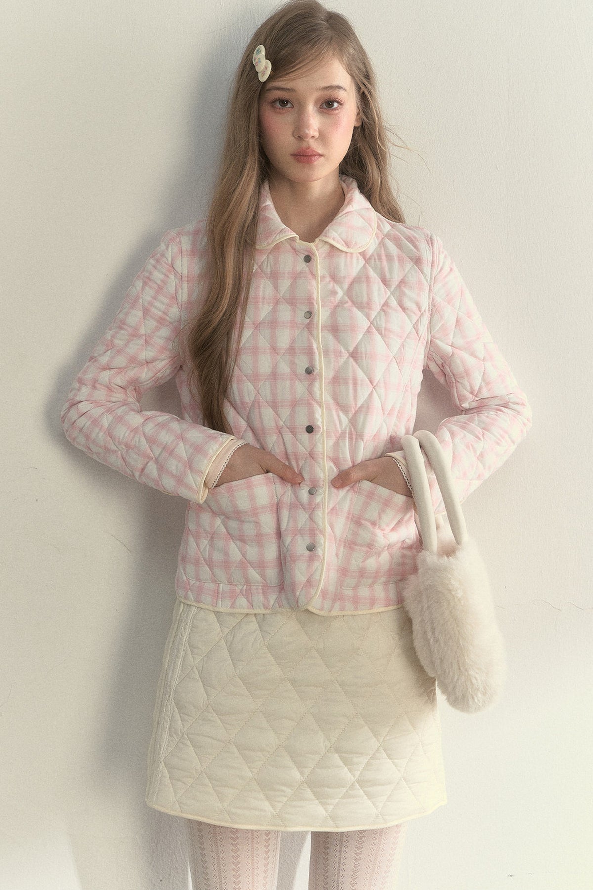 Cream Quilted Doll Collar Top and Skirt Set-Up