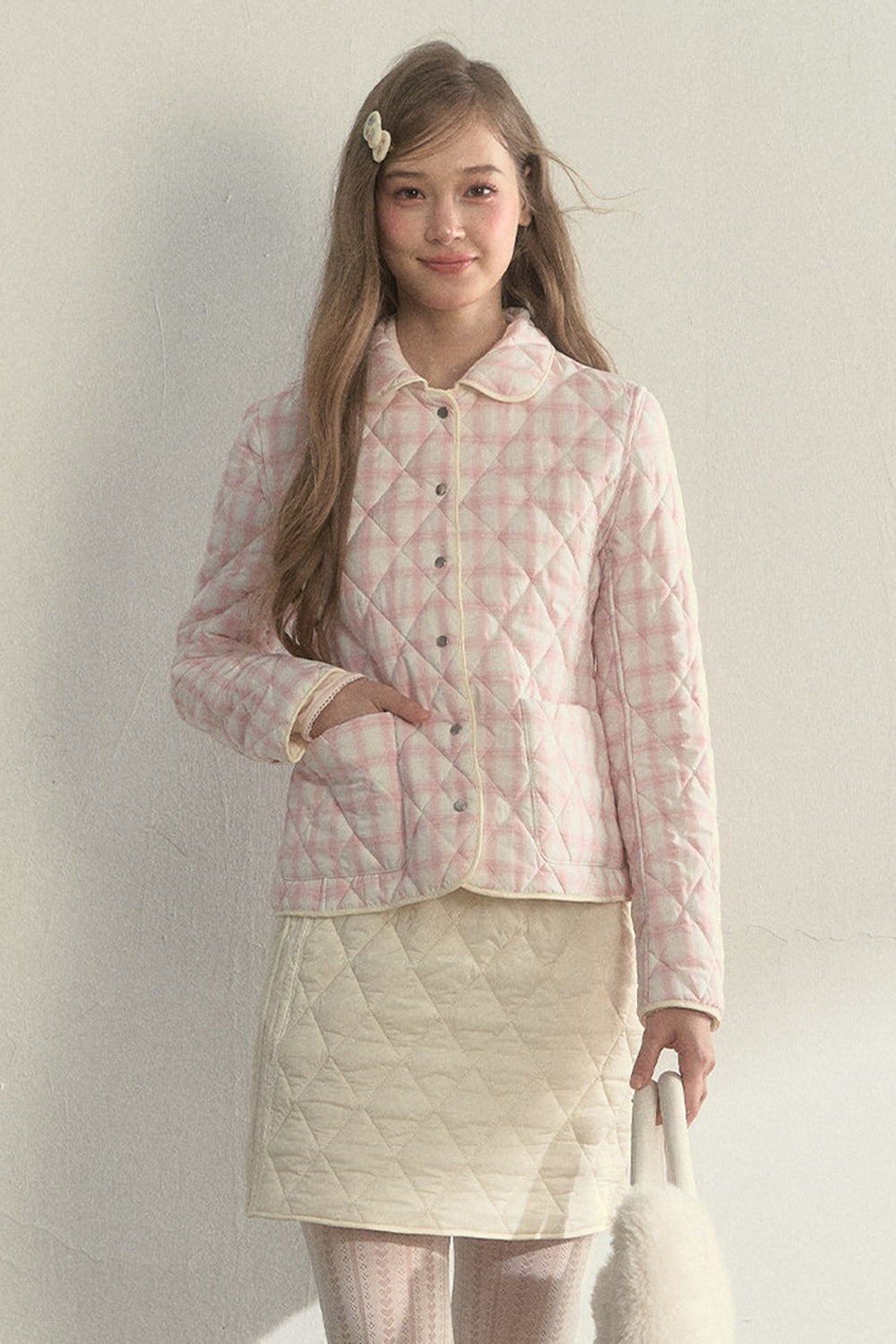 Cream Quilted Doll Collar Top and Skirt Set-Up