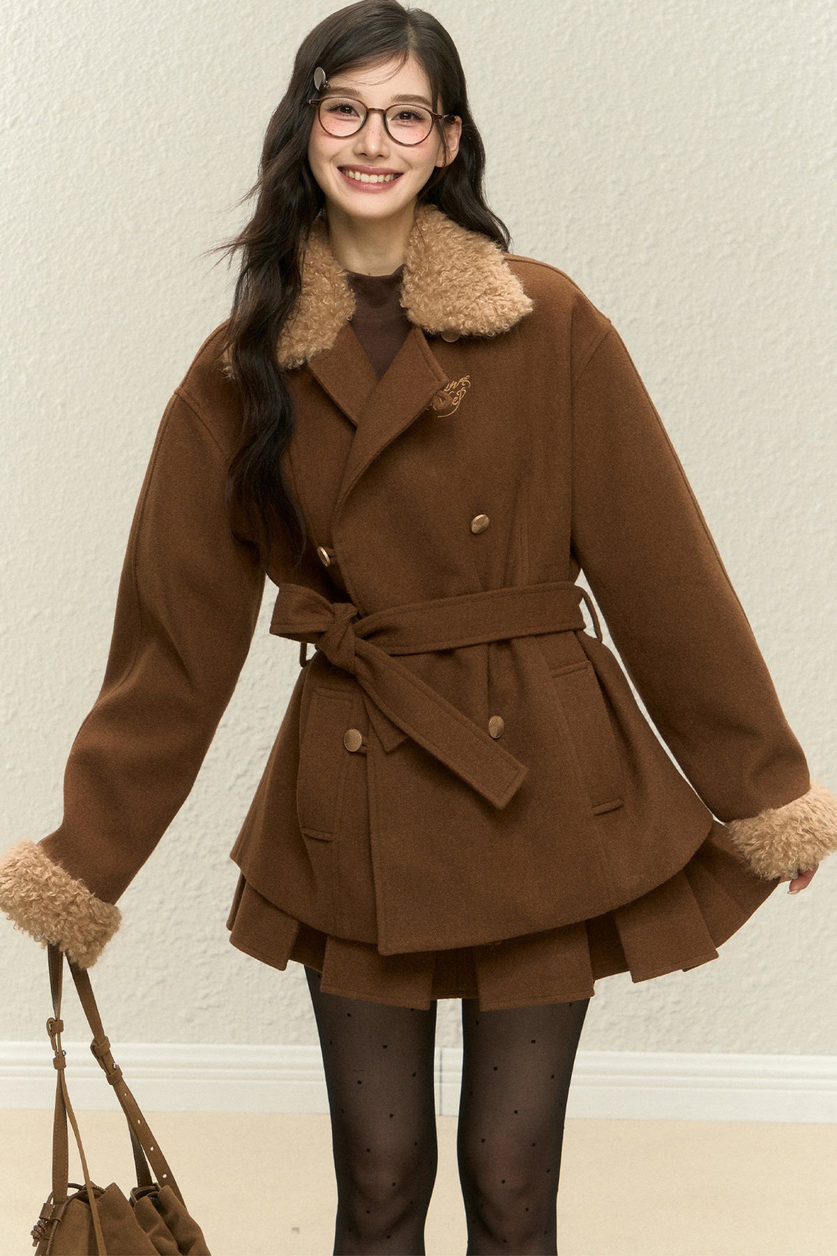 Brown Plush Coat and Short Skirt Set-Up