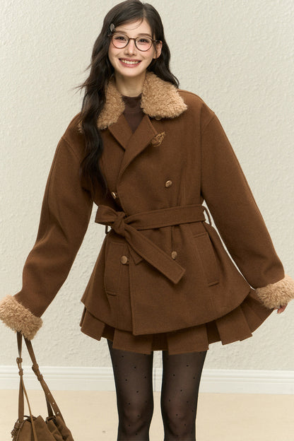 Brown Plush Coat and Short Skirt Set-Up