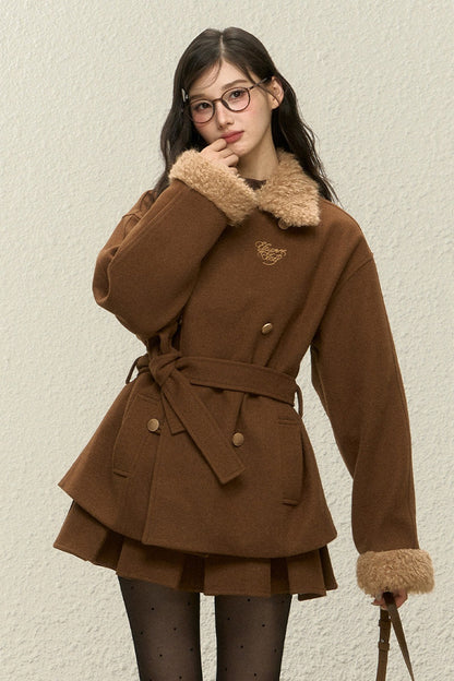 Brown Plush Coat and Short Skirt Set-Up