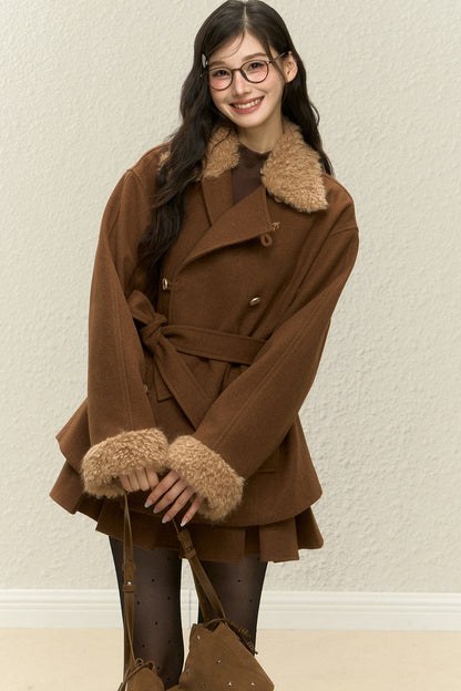 Brown Plush Coat and Short Skirt Set-Up