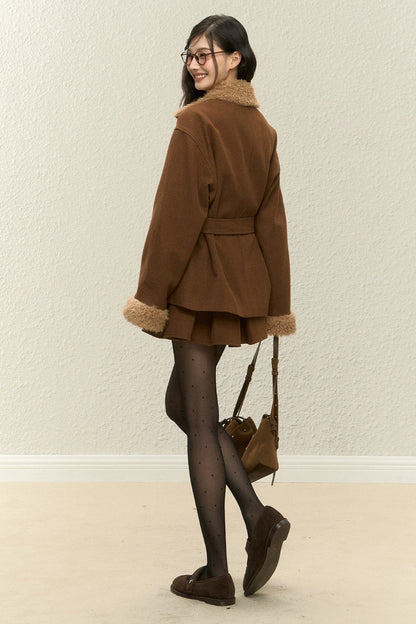 Brown Plush Coat and Short Skirt Set-Up
