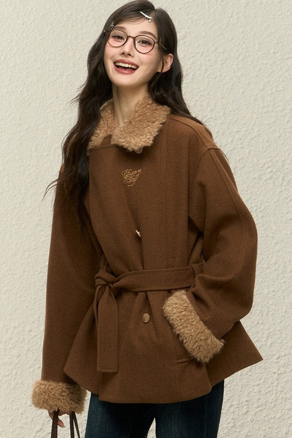 Brown Plush Coat and Short Skirt Set-Up