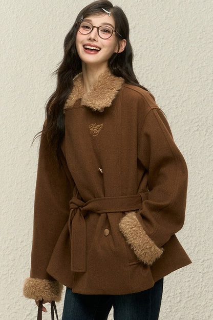 Brown Plush Coat and Short Skirt Set-Up