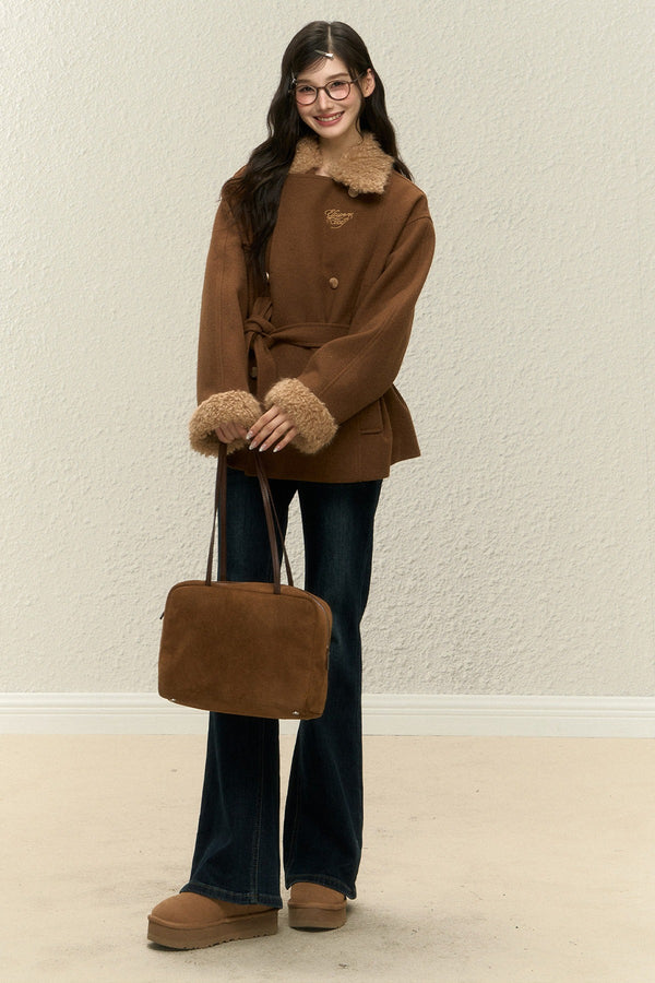 Brown Plush Coat and Short Skirt Set-Up