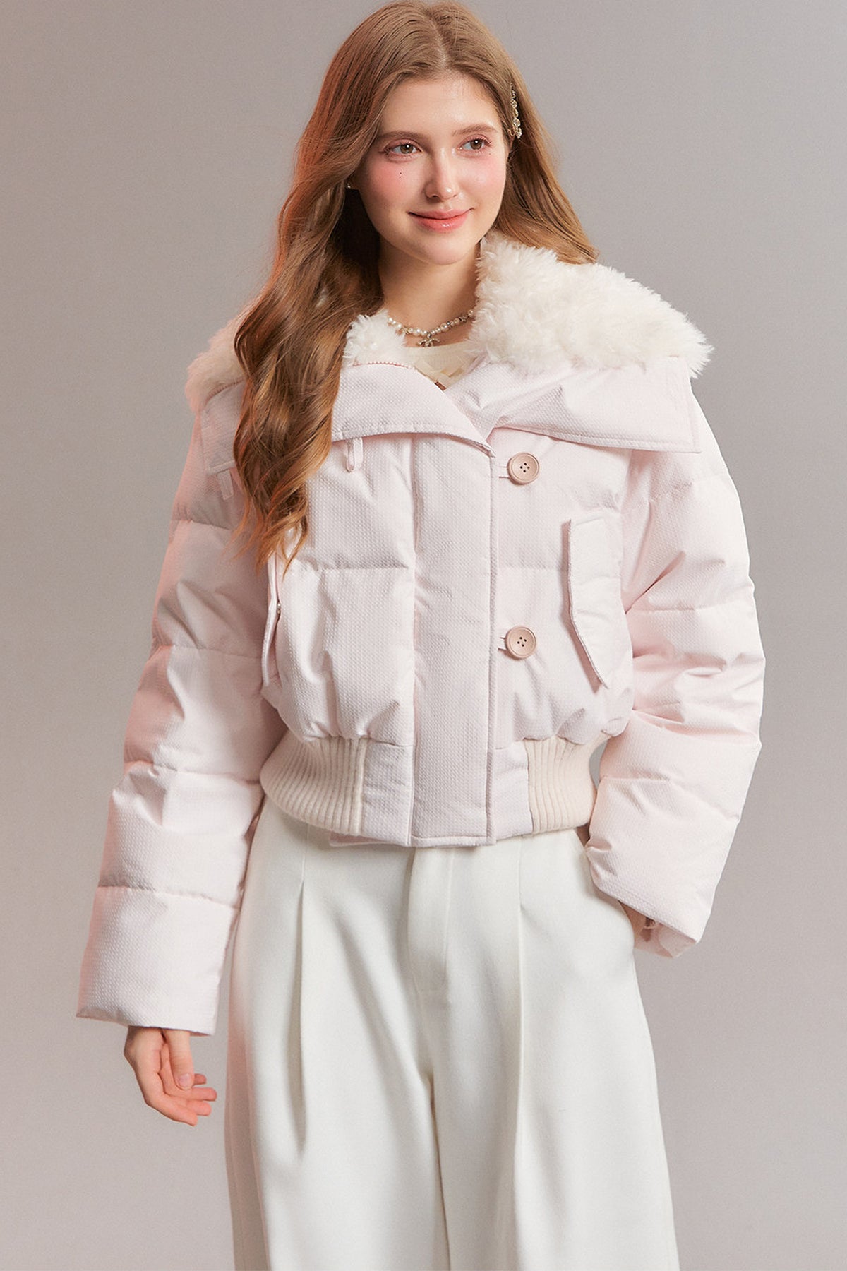 Pink Patchwork Fur Lapel Down Jacket