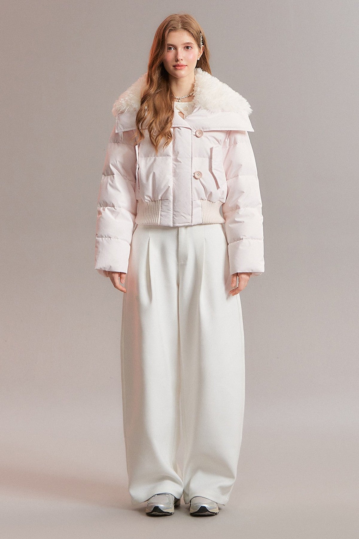 Pink Patchwork Fur Lapel Down Jacket