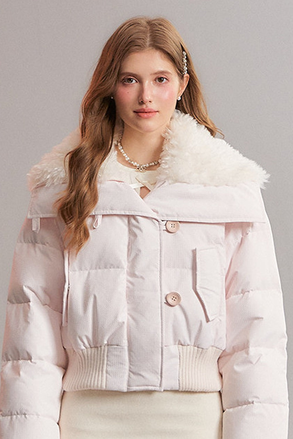 Pink Patchwork Fur Lapel Down Jacket