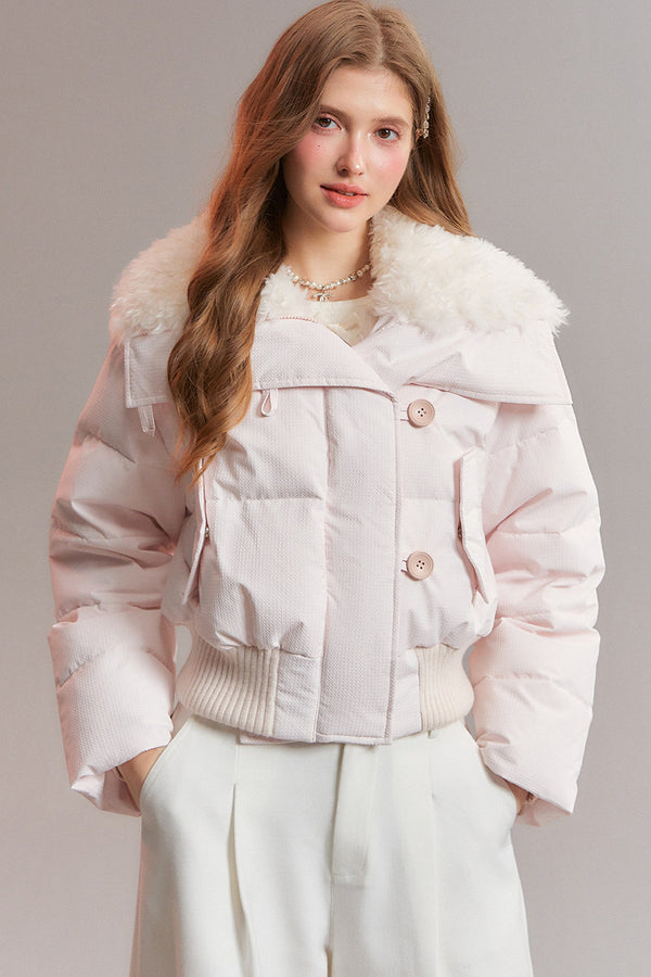 Pink Patchwork Fur Lapel Down Jacket