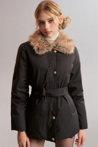 Black Fur Collar Tie-Waist Down Jacket