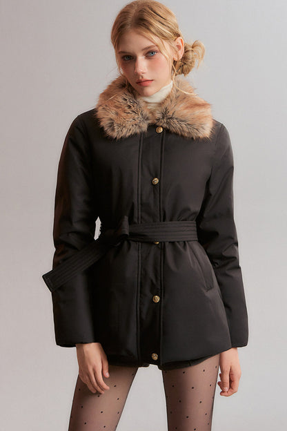 Black Fur Collar Tie-Waist Down Jacket