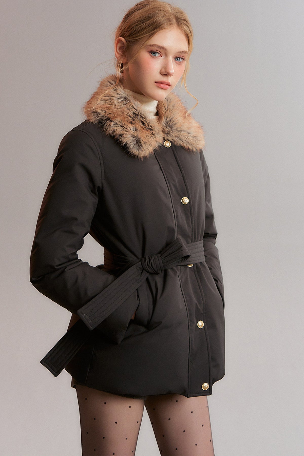 Black Fur Collar Tie-Waist Down Jacket