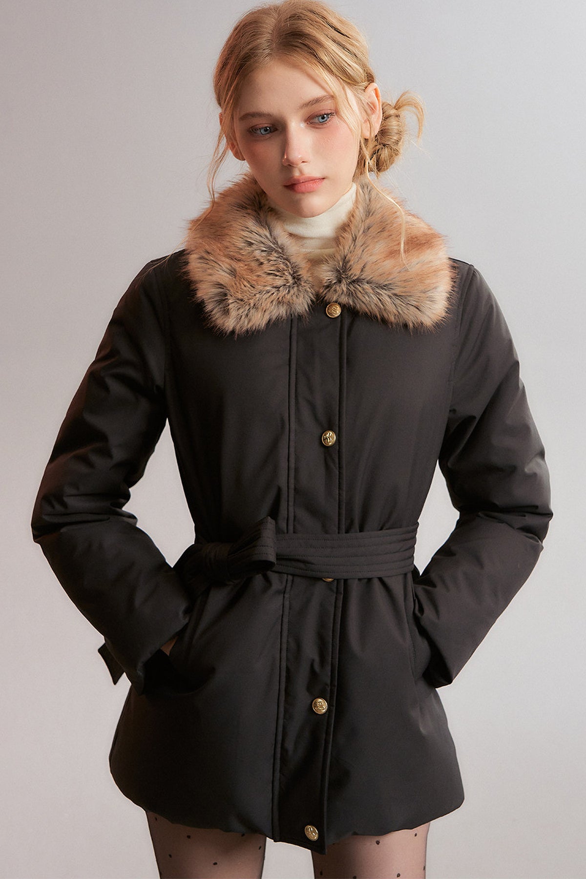 Black Fur Collar Tie-Waist Down Jacket