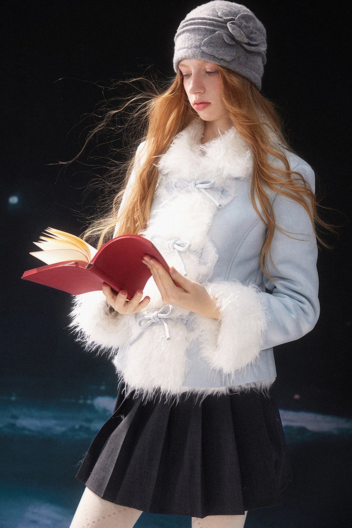 Bowknot Faux Fur Padded Coat