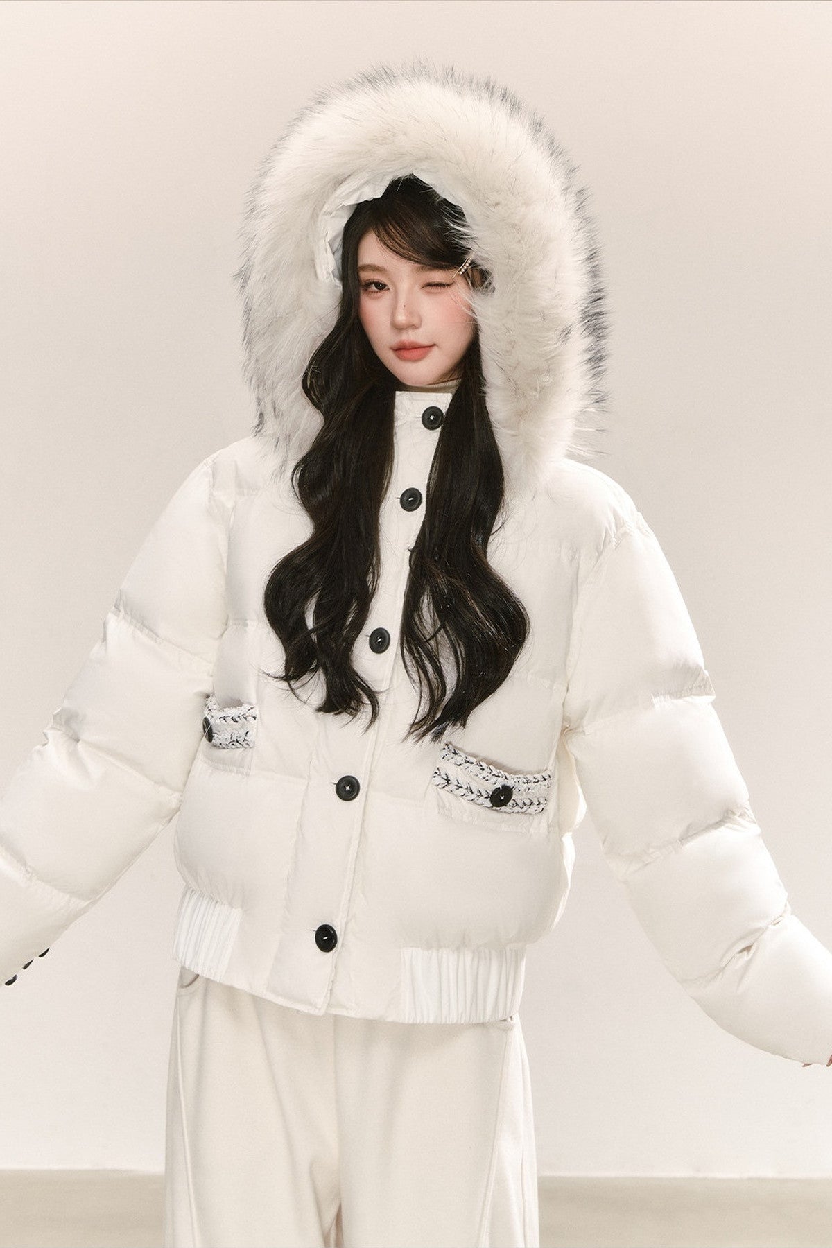 Little Raccoon Fur Collar Hooded Down Jacket