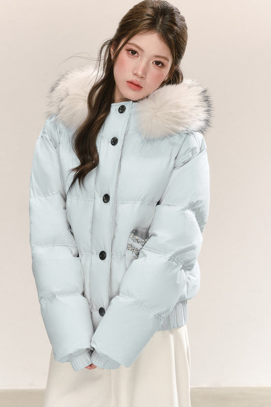 Little Raccoon Fur Collar Hooded Down Jacket