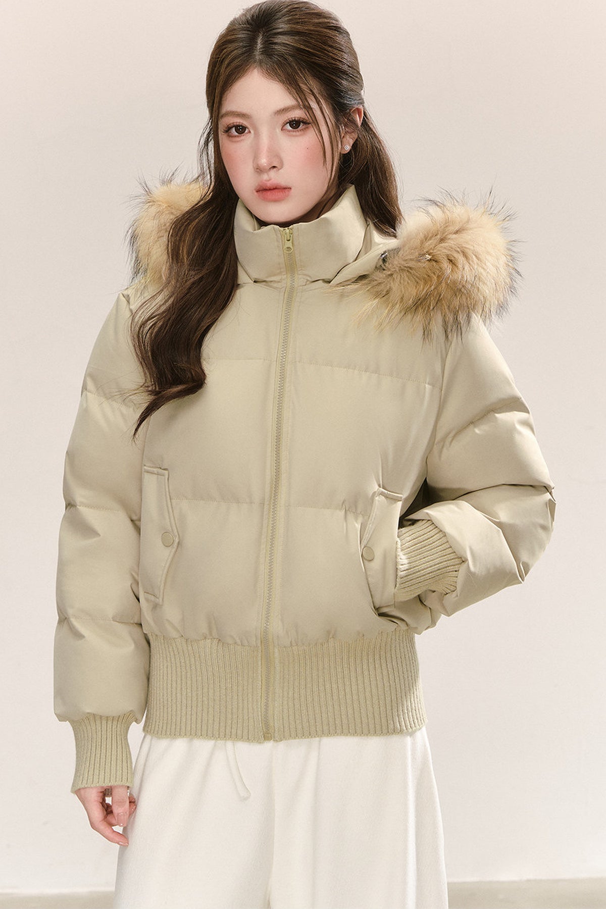 Raccoon Fur Collar Hooded Puffer Jacket