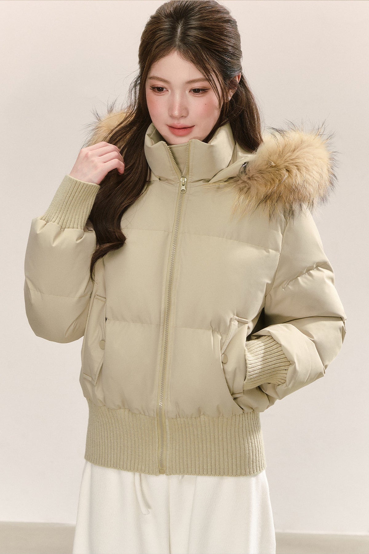 Raccoon Fur Collar Hooded Puffer Jacket