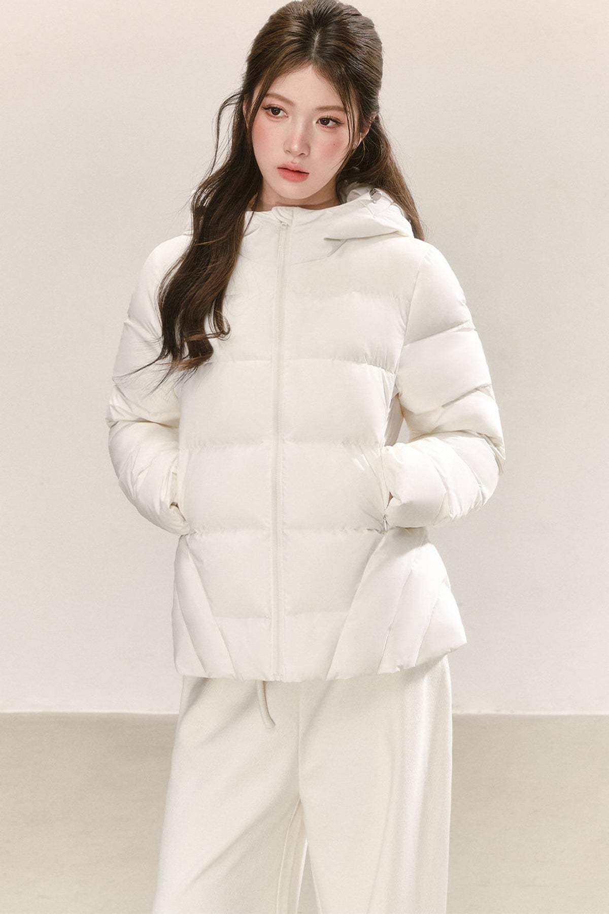 White Deconstructed Hooded Down Jacket