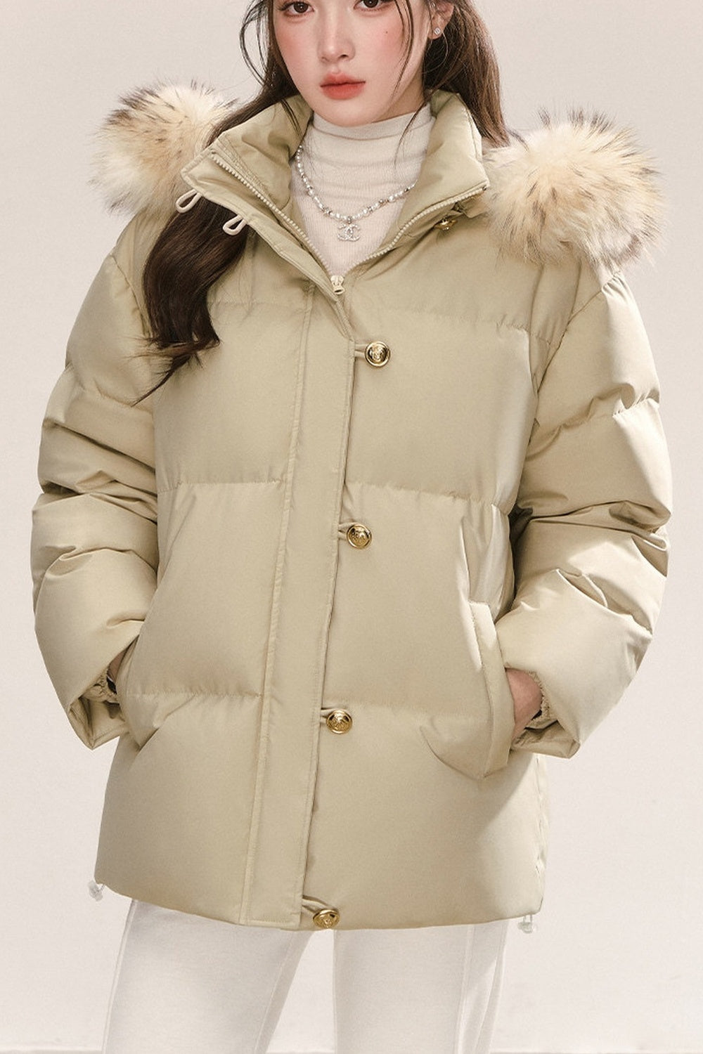 Detachable Raccoon Fur Collar Hooded Down Jacket