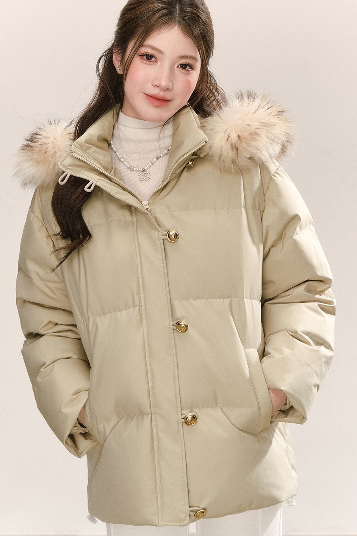 Detachable Raccoon Fur Collar Hooded Down Jacket
