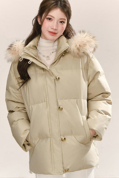 Detachable Raccoon Fur Collar Hooded Down Jacket