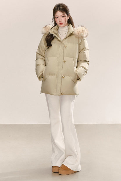 Detachable Raccoon Fur Collar Hooded Down Jacket