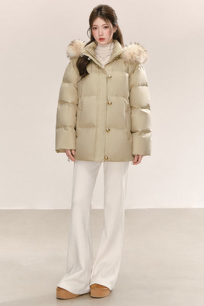 Detachable Raccoon Fur Collar Hooded Down Jacket