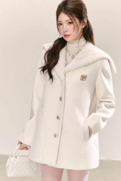 White Navy Collar Woolen Coat