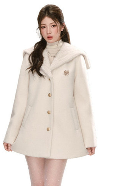 White Navy Collar Woolen Coat